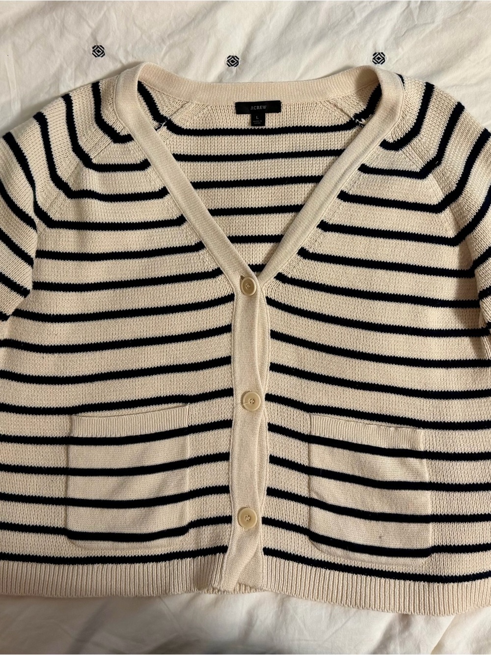 J. Crew Cream and Black Striped V-Neck Button Cardigan